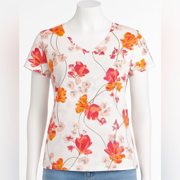 Croft & Barrow Classic Tee White Orange Floral V-neck T-Shirt Sz L Cotton Basic - Picture 1 of 6